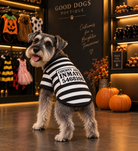 Miniature Schnauzer wearing a black-and-white striped Parisian Pet County Jail Inmate dog costume in a Halloween pet boutique with pumpkins and costumes.