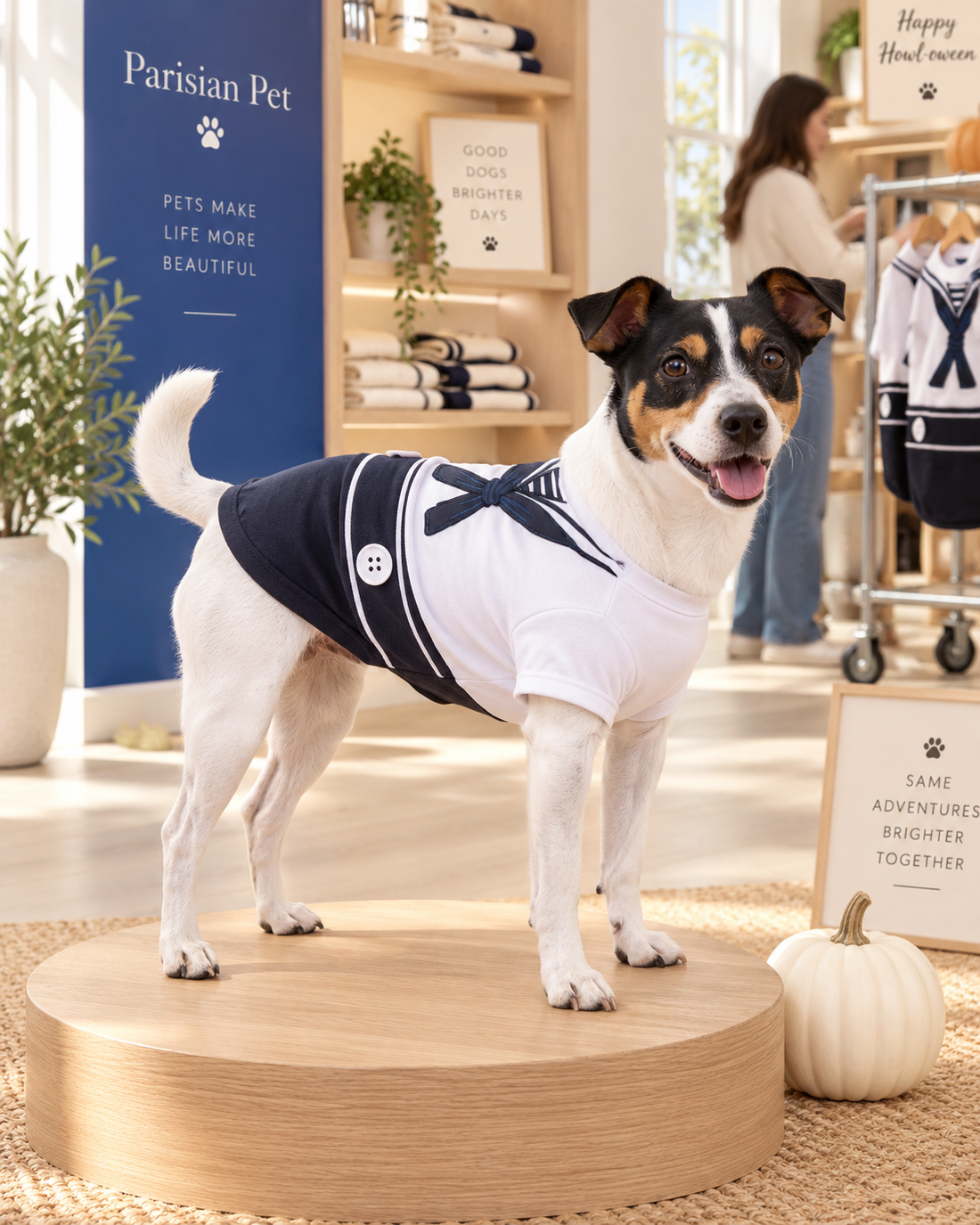 Black, white, and tan dog wearing a navy and white Parisian Pet Sailor Dog Costume with nautical bow and button details, standing on a display platform inside a fall-themed pet boutique.