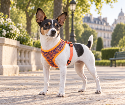 Small black, white, and tan dog wearing an orange and navy Parisian Pet mesh dog harness, standing on a sunny park walkway.