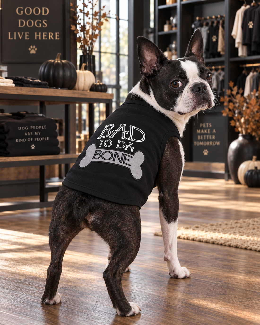 Boston Terrier wearing the black Parisian Pet Bad to da Bone dog shirt with gray bone design, standing inside a modern fall-themed pet boutique.