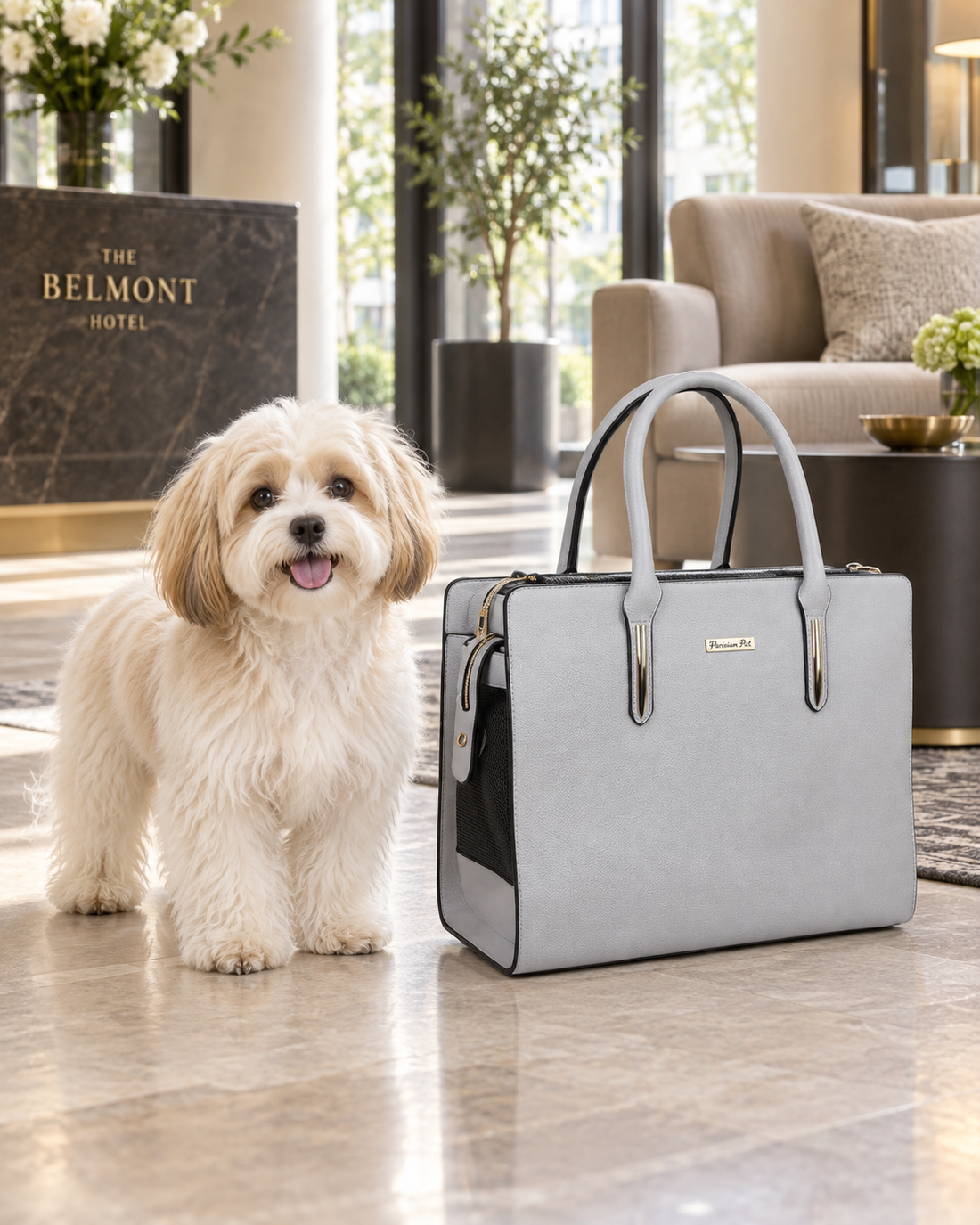 Small cream-colored dog standing beside a gray Parisian Pet pet carrier bag in an elegant pet-friendly hotel lobby.