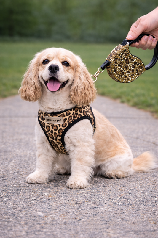 Crystal Retractable Leash Leopard