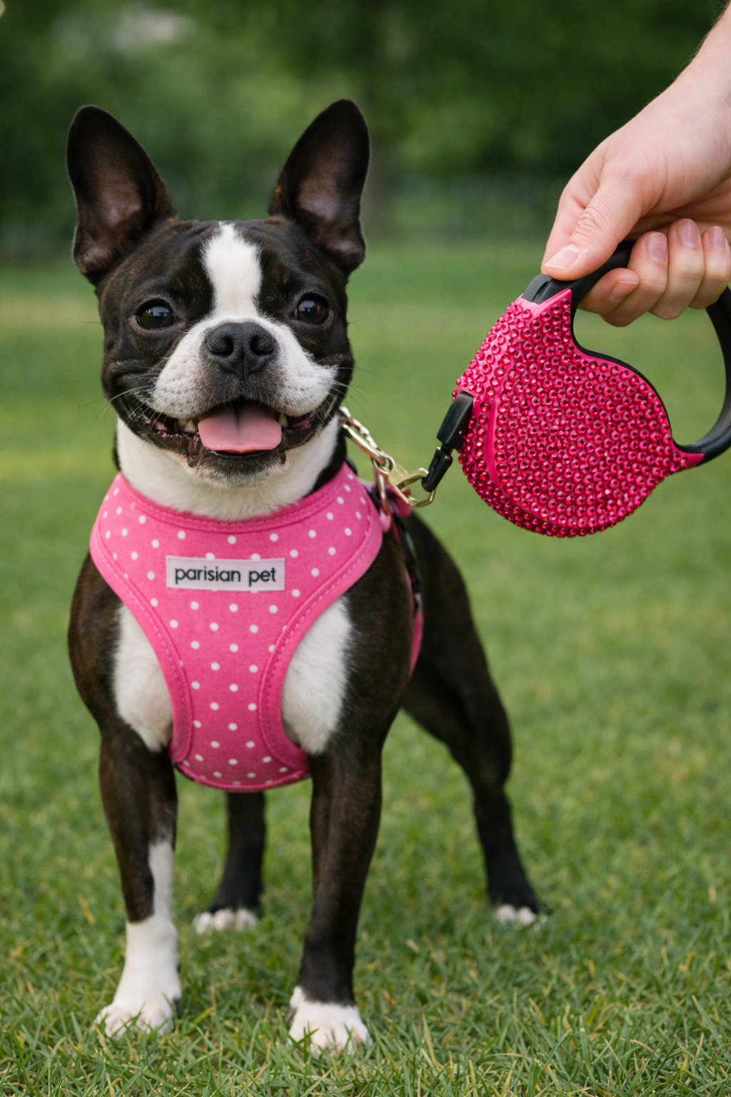 Crystal Retractable Leash Dark Pink