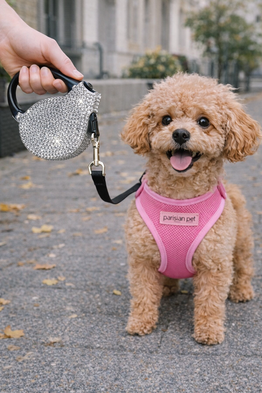 Crystal Retractable Leash Silver