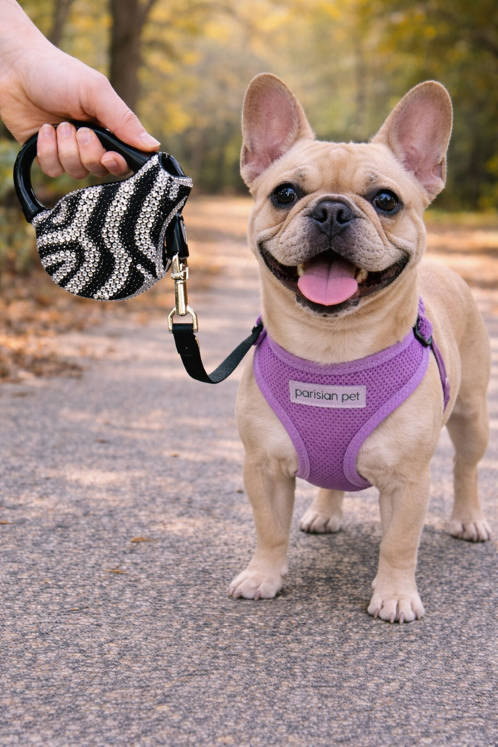 Crystal Retractable Leash Zebra Silver