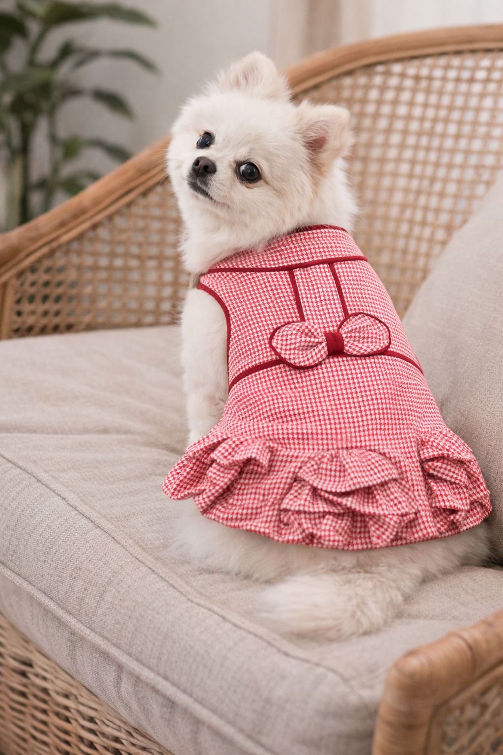 Houndstooth Ruffles Dress - Red