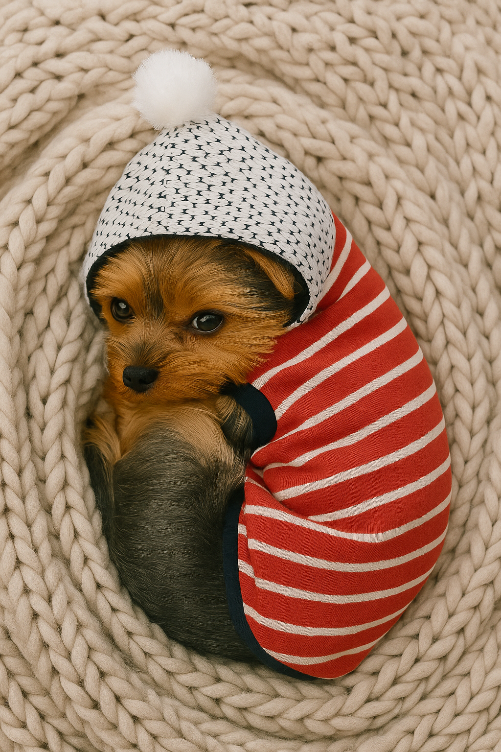 Striped Pom Pom Hoodie, Red